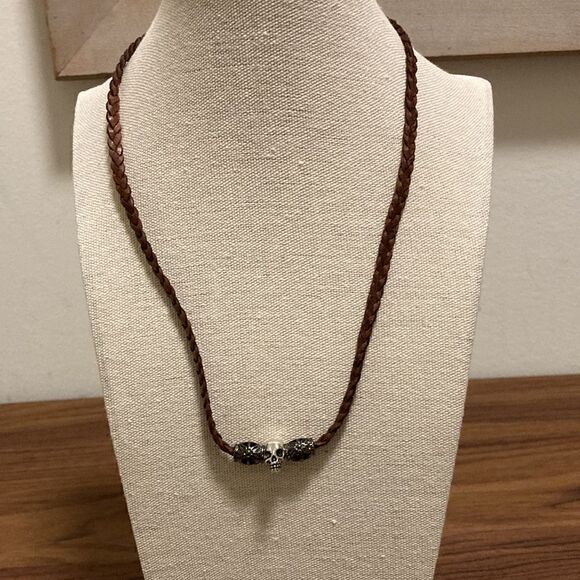 Handcrafted Necklace with Skull Pendant on Brown Braided Leather cord. - Picture 1 of 6